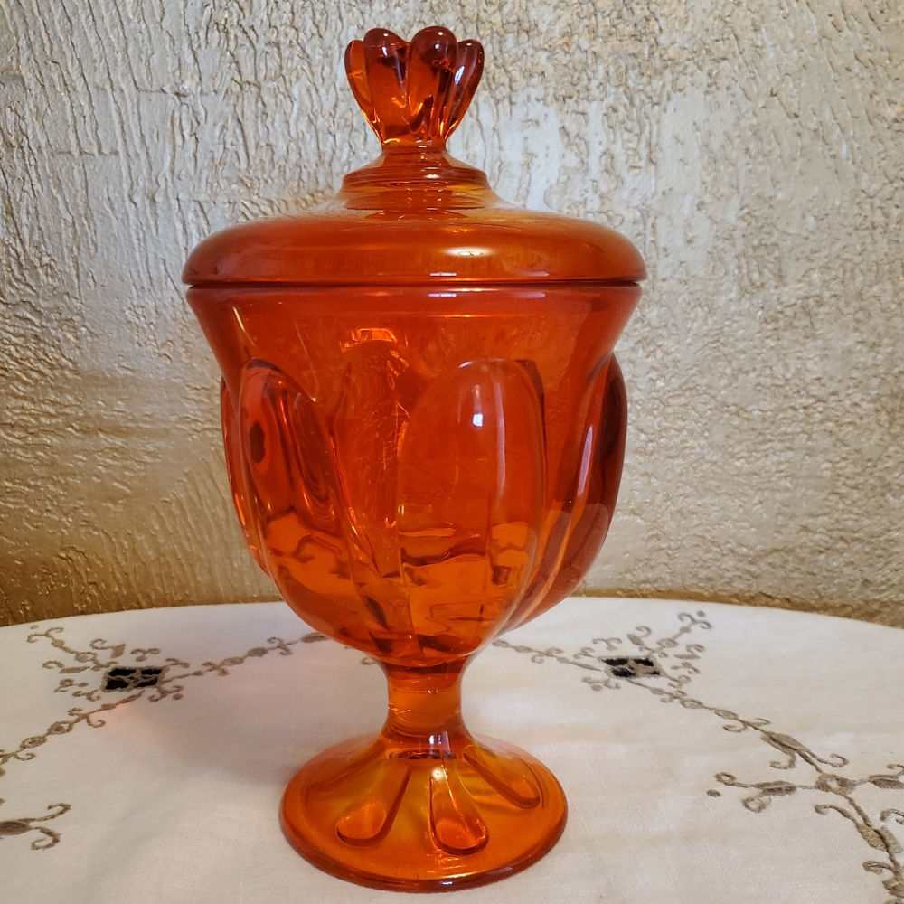 Large Viking Glass Persimmon Epic Six Petal 10” Covered Candy Jar Orange
